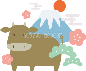 牛と富士山と松や梅 かわいい2021 丑年イラスト無料 フリー86133
