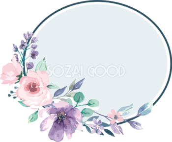 楕円のパープルとピンクの花 おしゃれなボタニカル風(植物)のフレーム枠イラスト無料 フリー86482