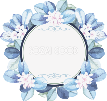 円形の水彩風ブルー草花 おしゃれなボタニカル風(植物)のフレーム枠イラスト無料 フリー86512