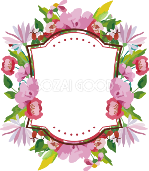水彩風ピンク系の鮮やかな花 おしゃれなボタニカル風(植物)のフレーム枠イラスト無料 フリー86518