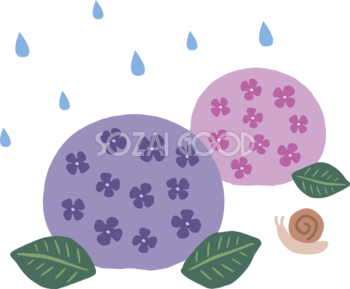 レトロなタッチの2色(ピンク 紫)の紫陽花(アジサイ)とかたつむりと雨 イラスト(梅雨)無料 フリー87190
