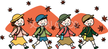 かわいい紅葉(もみじ)の山と遠足をしている子供達(女の子と男の子) 秋イラスト無料 フリー87372