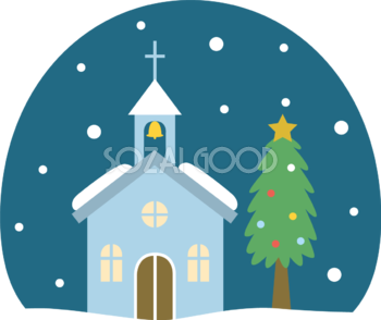 雪が降るクリスマスの日の教会 かわいいイラスト無料 フリー90082