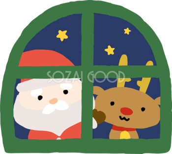 窓からのぞくゆるいトナカイとサンタクロース かわいいクリスマスイラスト無料 フリー90139