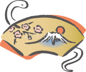 富士山と梅の柄の扇と白い蛇 筆書き風 ビジネス2025 巳年イラスト無料 フリー91039