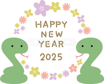 蛇と花輪に囲まれたHAPPY NEW YEAR かわいい2025 巳年イラスト無料 フリー91110