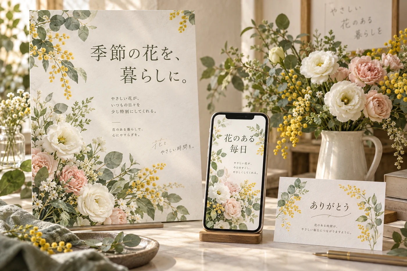 花屋のSNS告知画像・店内ポスター・お礼カードの制作例