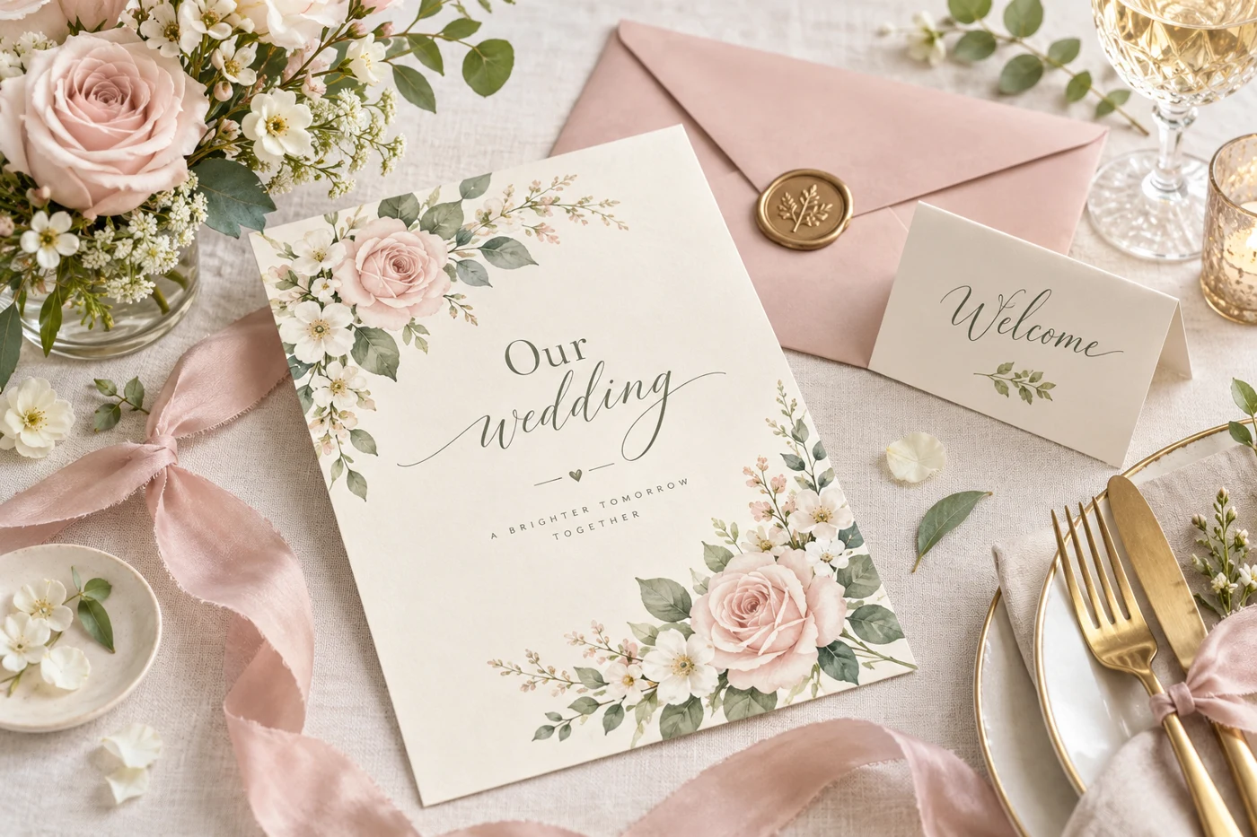 招待状と席札を飾った結婚式の完成イメージ