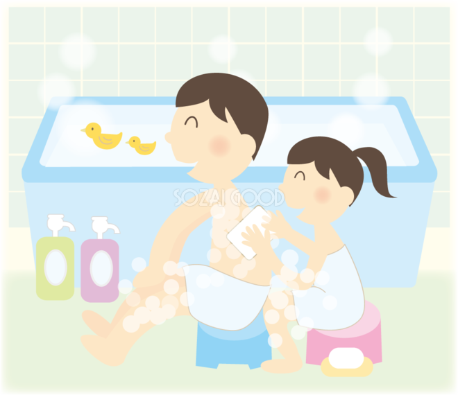 お風呂で女の子がお父さんの背中をゴシゴシ洗うイラスト