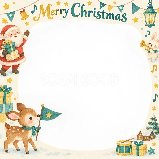 子鹿と小さな旗のクリスマスイラスト