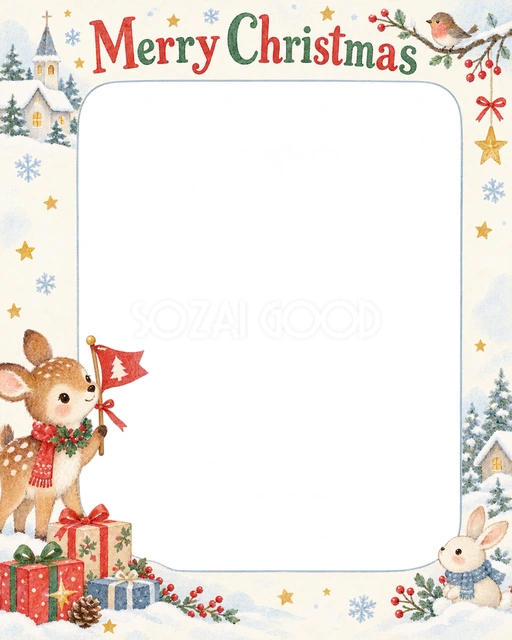 子鹿と小さな旗のクリスマスイラスト