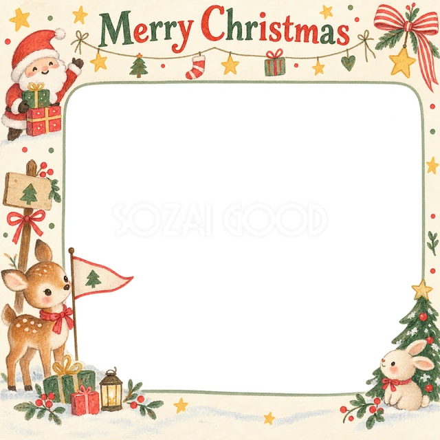 子鹿と小さな旗のクリスマスイラスト