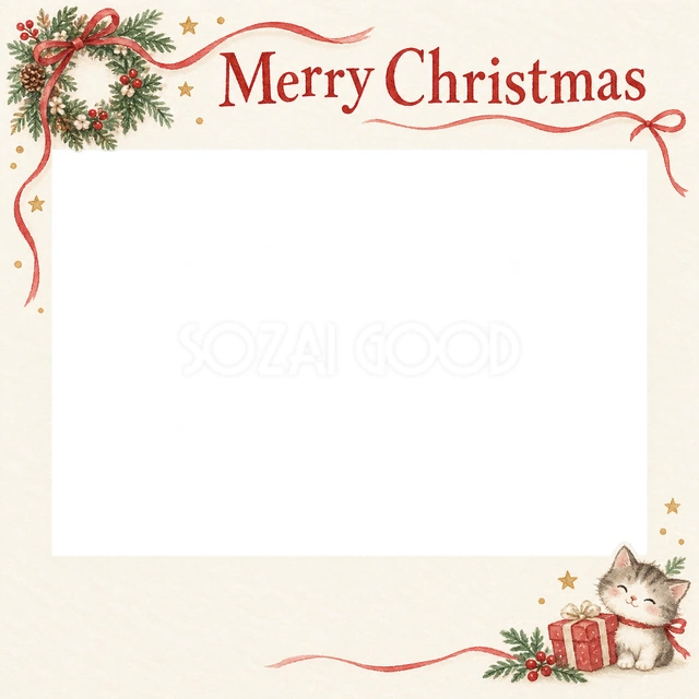 リースと細いリボンのクリスマスイラスト