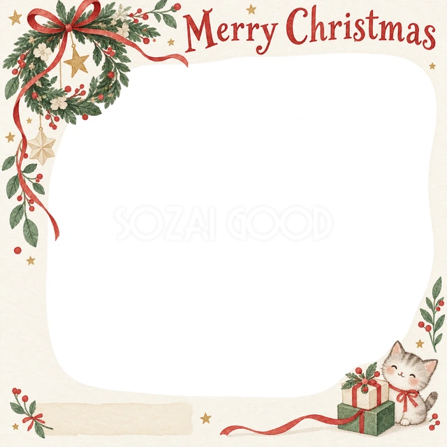 リースと細いリボンのクリスマスイラスト