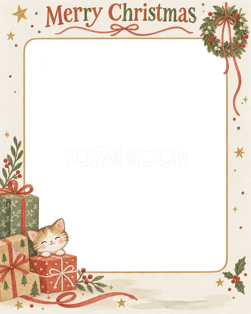 リースと細いリボンのクリスマスイラスト