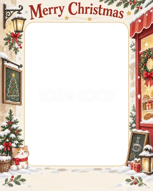 雪の日の店先のクリスマスイラスト