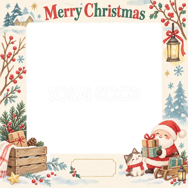 木箱と冬の枝のクリスマスイラスト