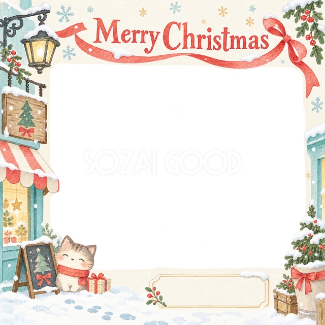 雪の日の店先のクリスマスイラスト