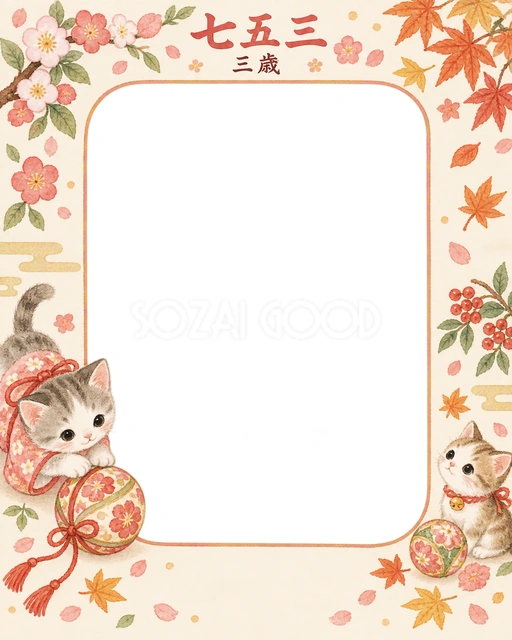子猫と手まりの七五三イラスト