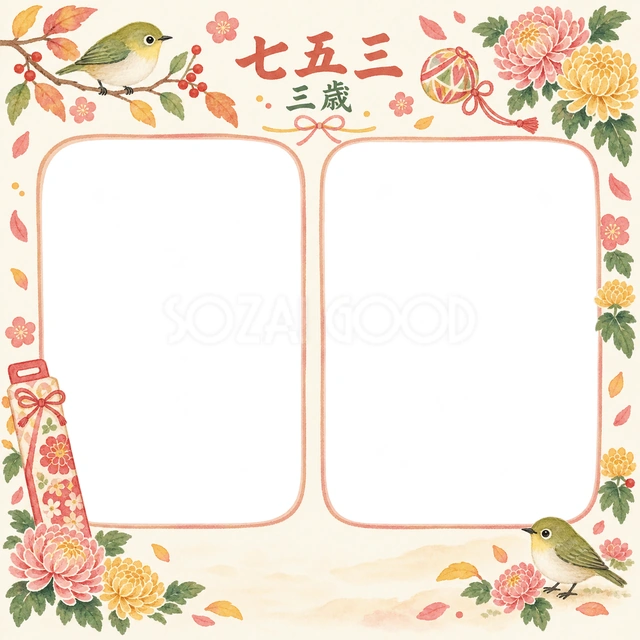 小鳥と菊の花の七五三イラスト