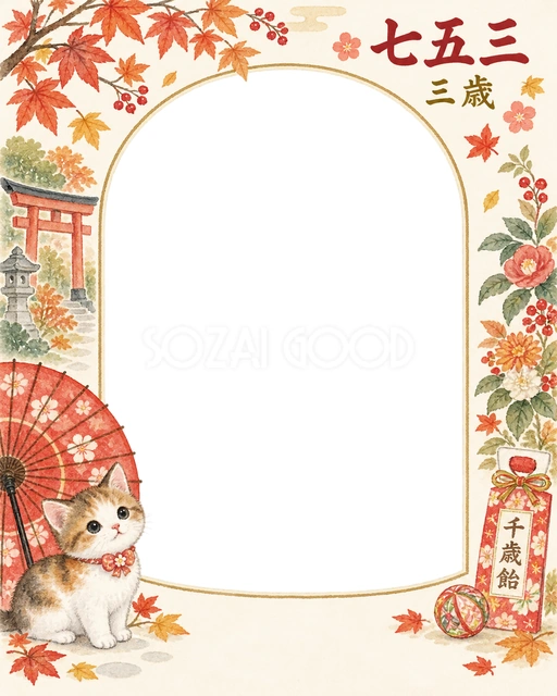 猫と和傘の七五三イラスト