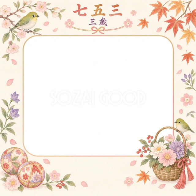 小鳥と花かごの七五三イラスト