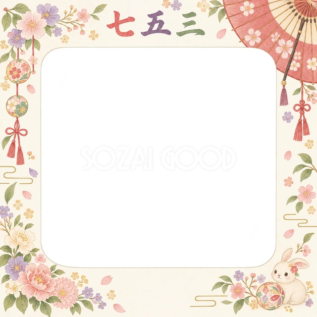 和傘と小花の七五三イラスト