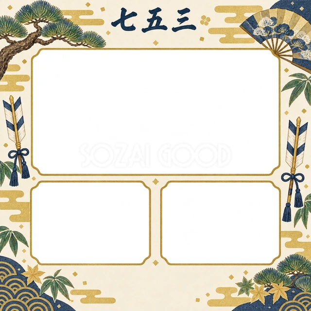 扇と金の霞の七五三イラスト