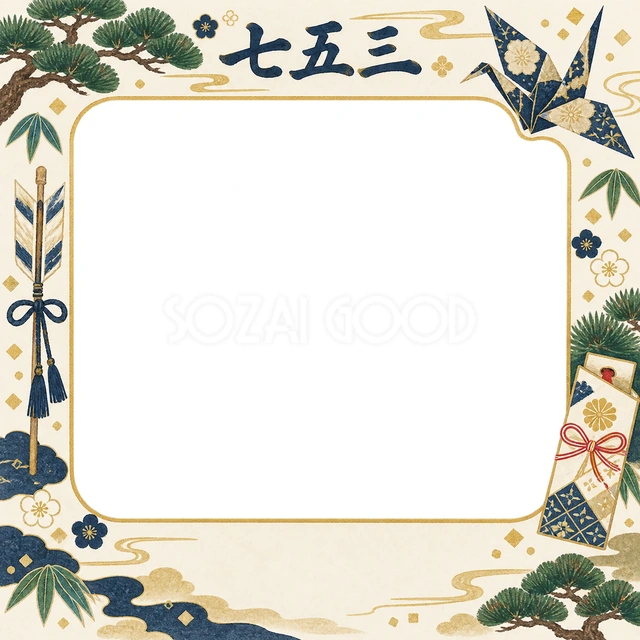 折り鶴と祝い袋の七五三イラスト