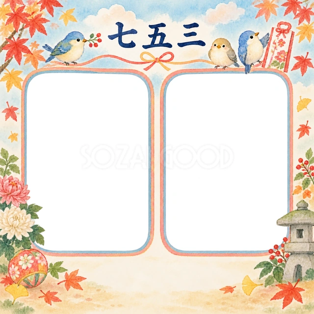 三羽の小鳥と祝い袋の七五三イラスト