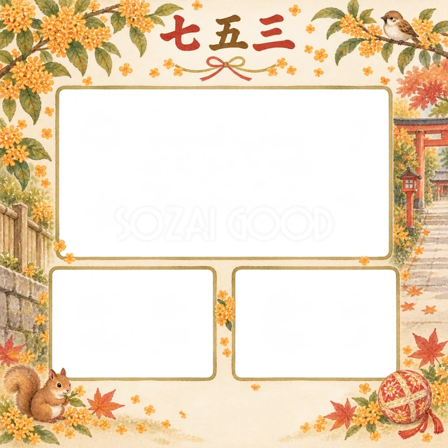 金木犀と小道の七五三イラスト