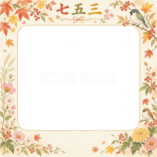 草花と小鳥の七五三イラスト