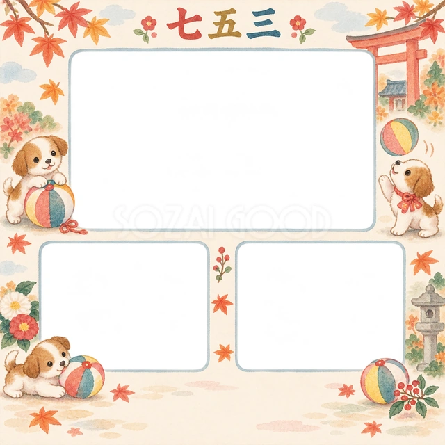 子犬と紙風船の七五三イラスト