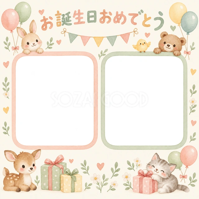 風船と贈り物の誕生日イラスト