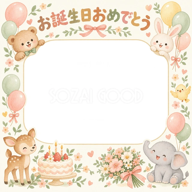 ケーキと花束の誕生日イラスト