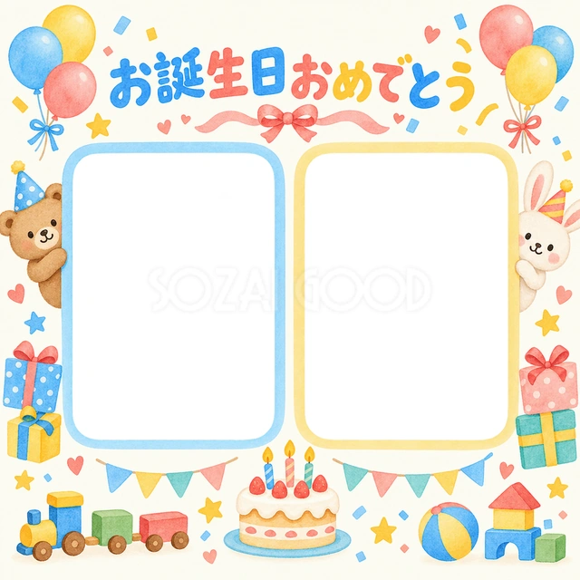 風船と贈り物の誕生日イラスト