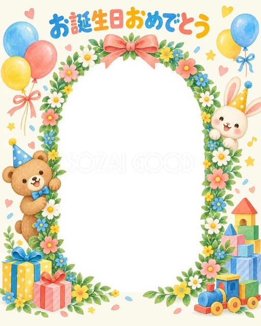 花のアーチの誕生日イラスト