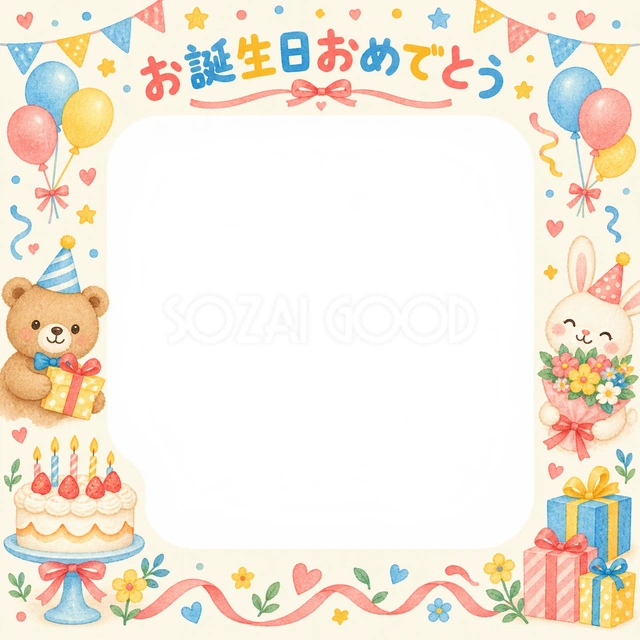 ケーキと花束の誕生日イラスト