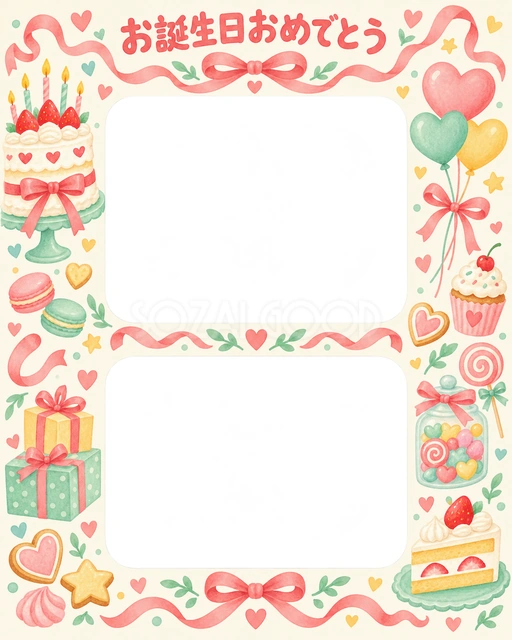 リボンとケーキの誕生日イラスト