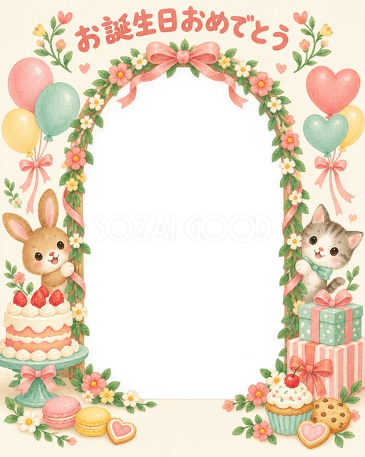 花のアーチの誕生日イラスト