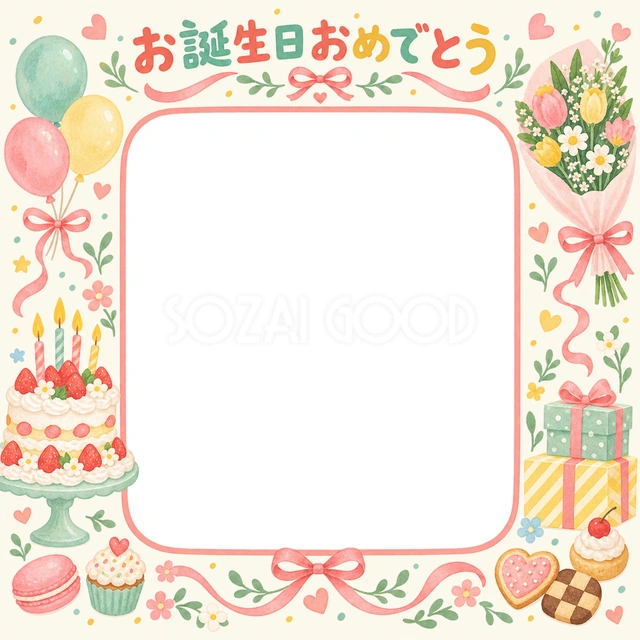ケーキと花束の誕生日イラスト