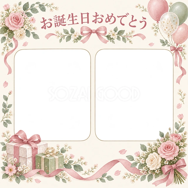 風船と贈り物の誕生日イラスト