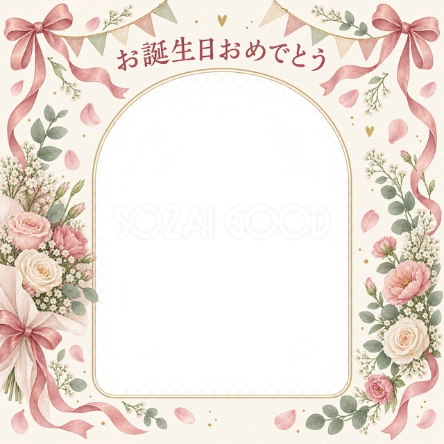 花束とガーランドの誕生日イラスト