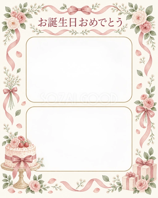 リボンとケーキの誕生日イラスト