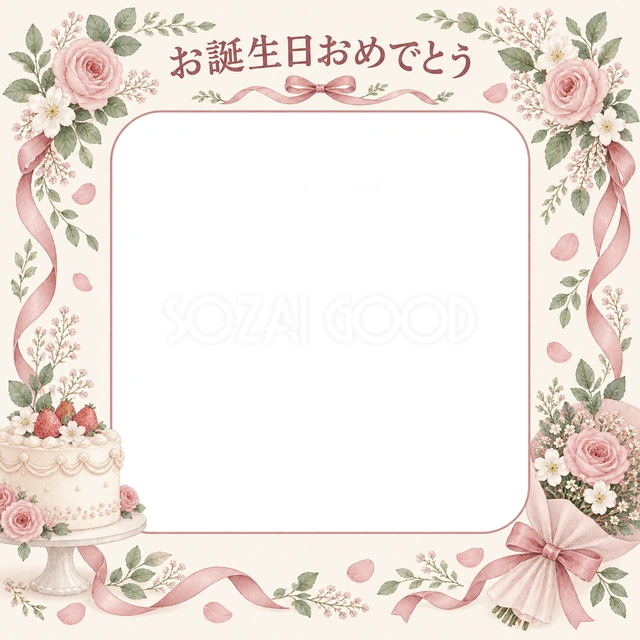ケーキと花束の誕生日イラスト