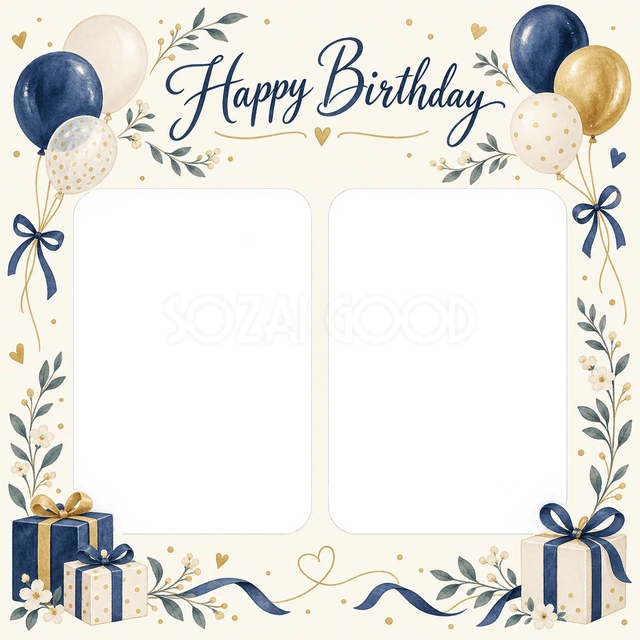 風船と贈り物の誕生日イラスト