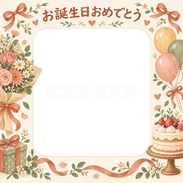 ケーキと花束の誕生日イラスト