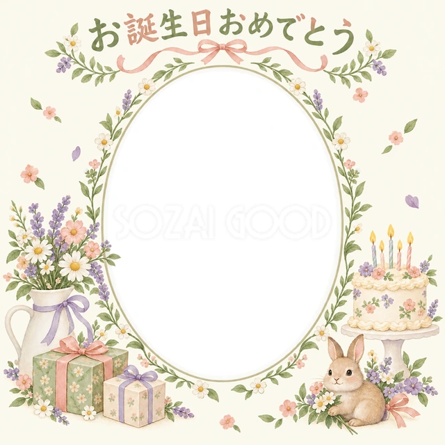 贈り物と小花の誕生日イラスト