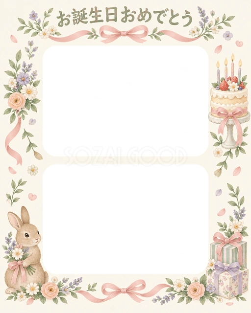 リボンとケーキの誕生日イラスト