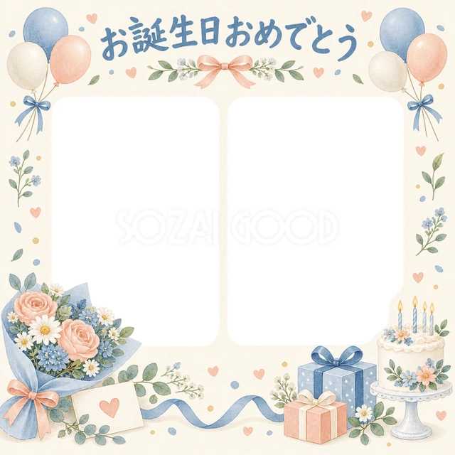 風船と贈り物の誕生日イラスト
